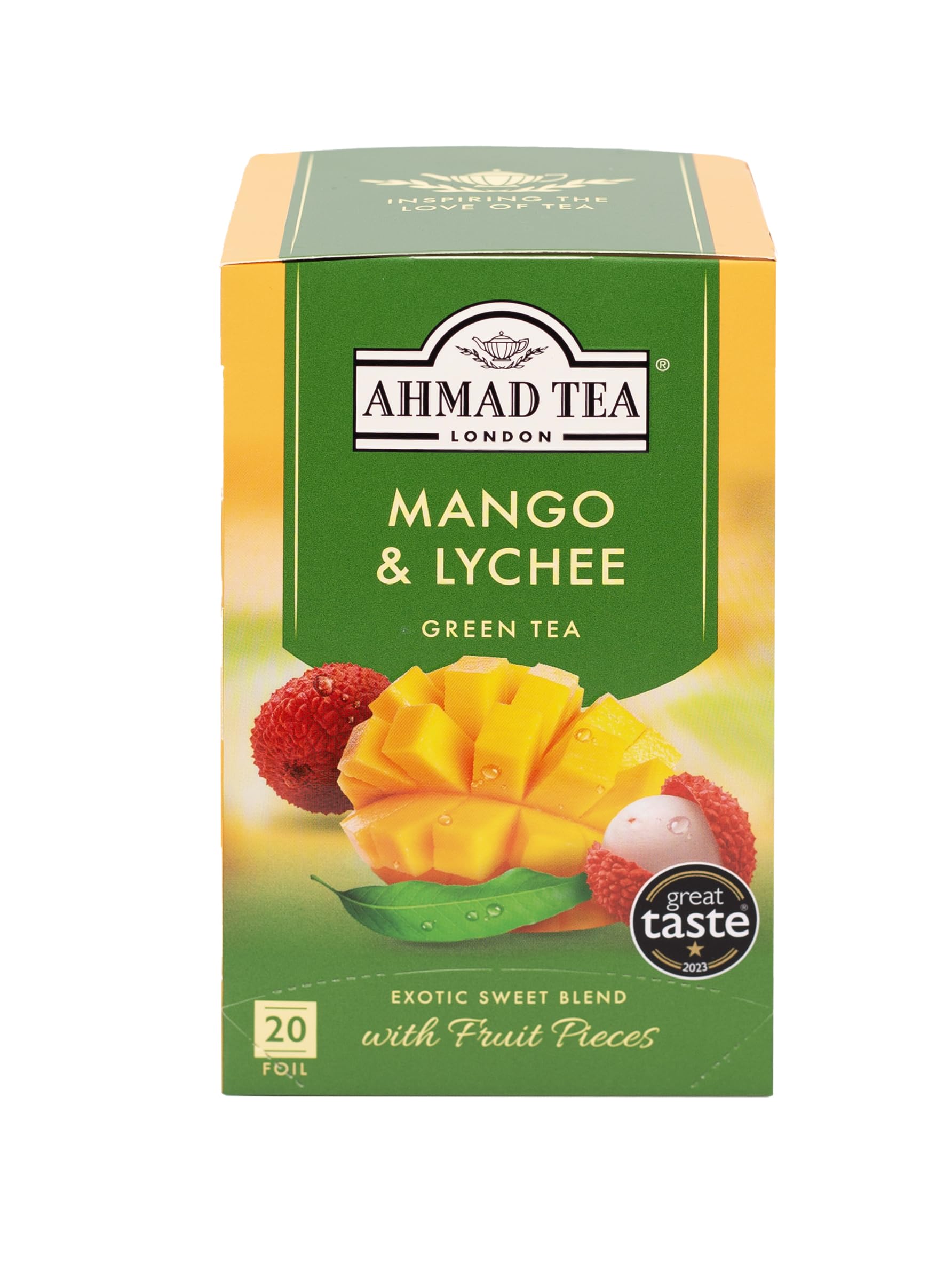 Ahmad Tea front packaging showing mango and lychee, highlights convenience