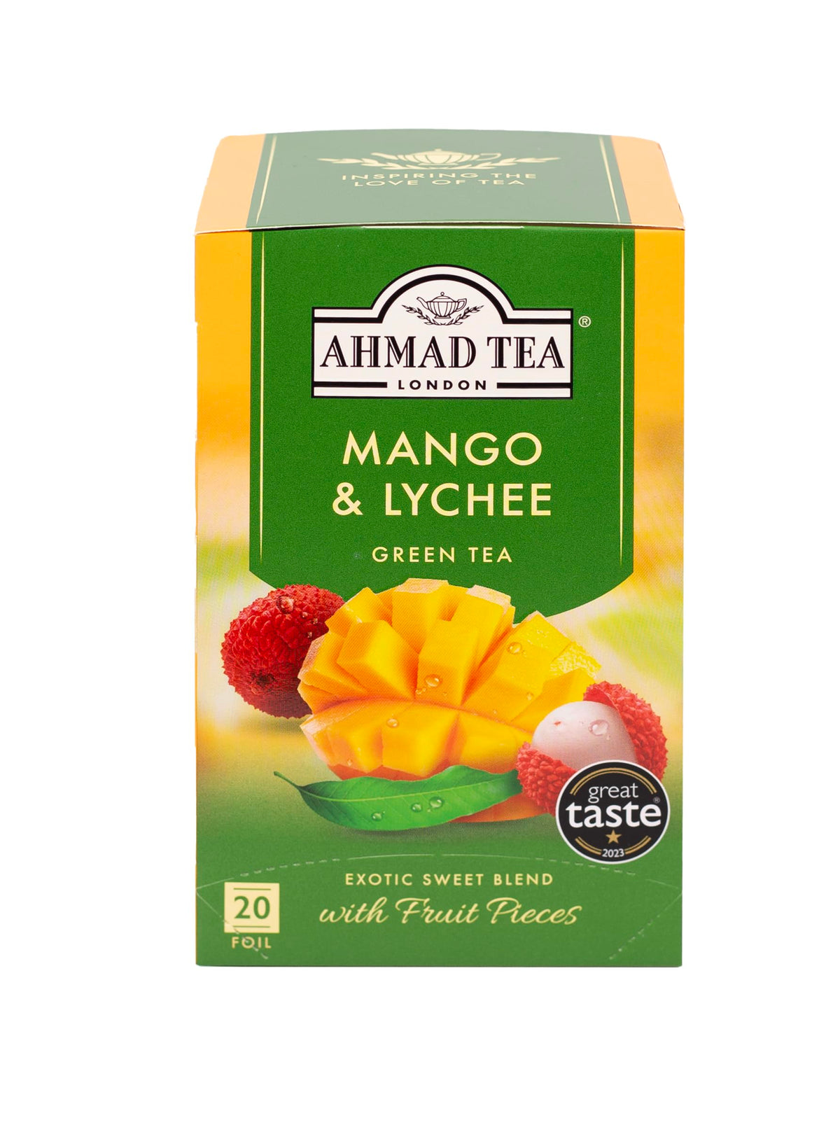 Ahmad Tea front packaging showing mango and lychee, highlights convenience