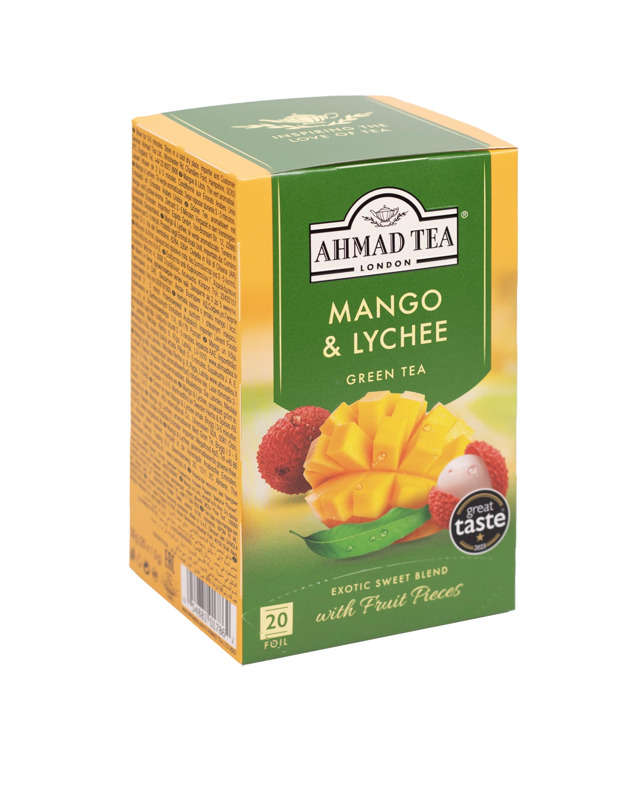 Ahmad Tea tea bag with visible mango and lychee pieces, shows ingredient quality