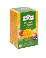 Ahmad Tea tea bag with visible mango and lychee pieces, shows ingredient quality