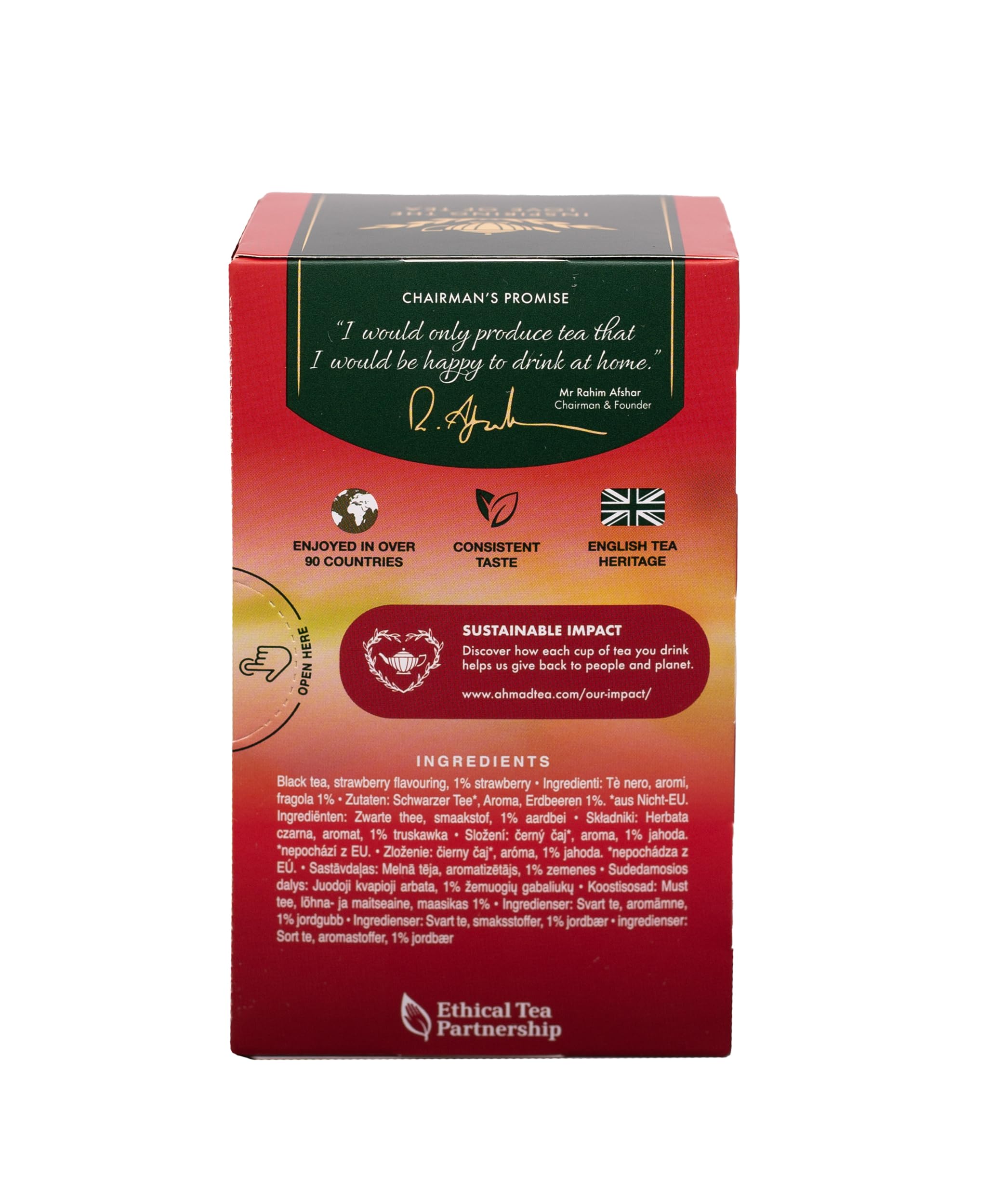 Ahmad Tea brewed cup of strawberry black tea in a glass, illustrating vivid color and refreshment