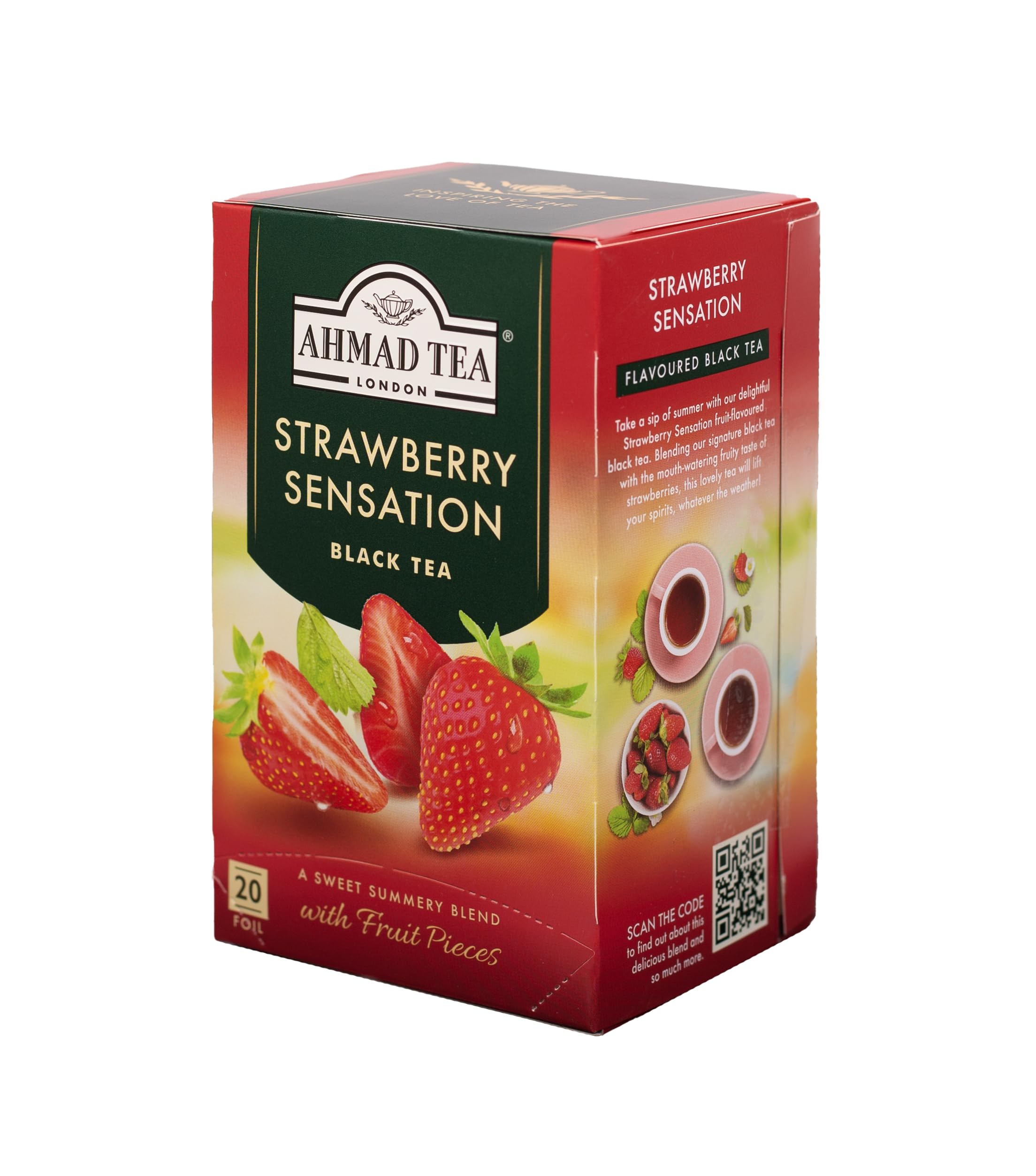Ahmad Tea close-up of strawberry pieces and tea leaves, emphasizing natural ingredients