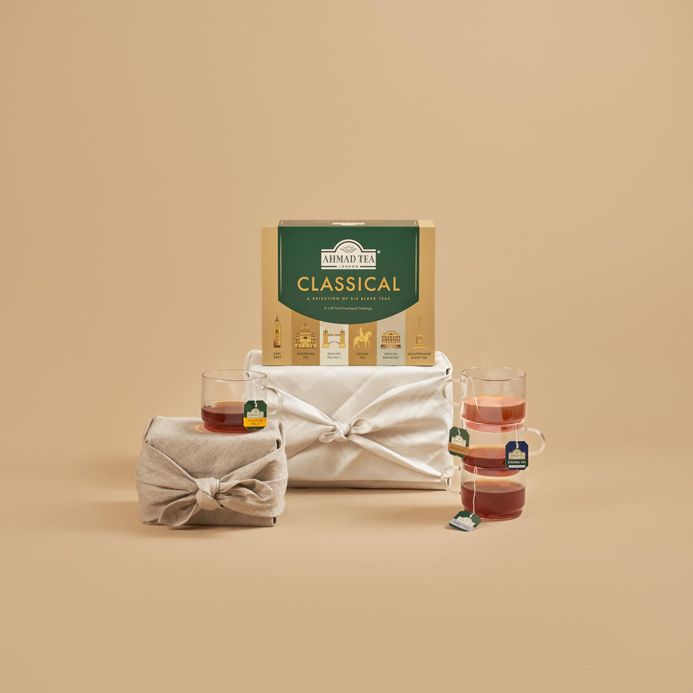 Ahmad Tea open box with all six labeled tea sachets displaying variety and gift-ready presentation