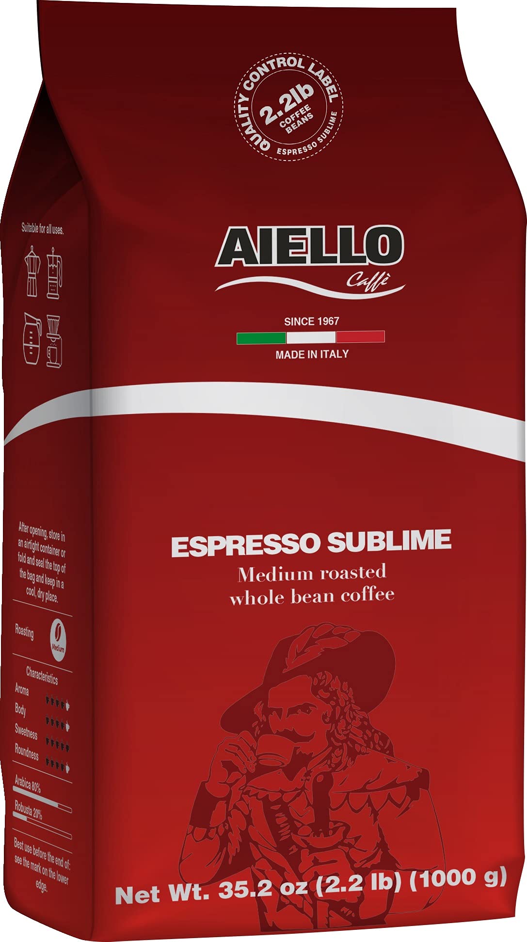 Aiello Caffè front packaging showing 2.2 lb bag and brand for easy recognition