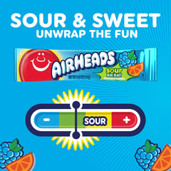 Unwrapped Airheads bar close-up showing blue color and chewy appeal