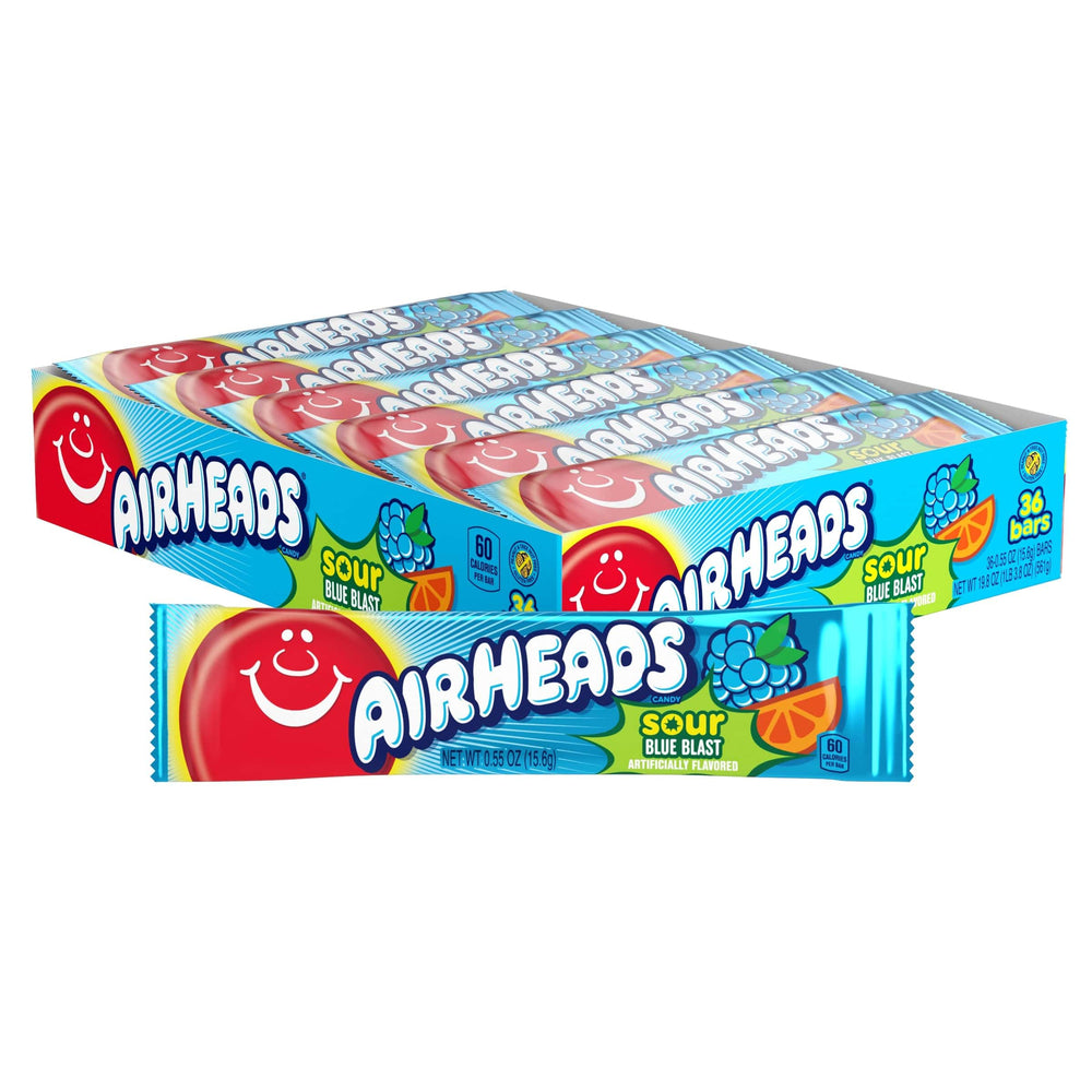 Airheads box front showing Sour Blue Blast packaging and shareable count