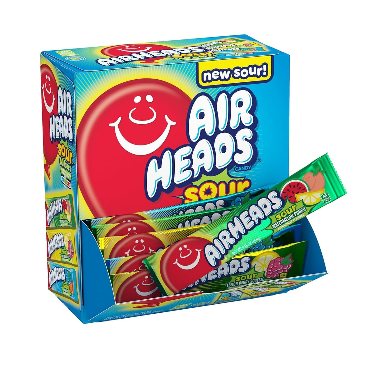 Airheads front packaging showing brand and colorful sour variety benefits visual appeal