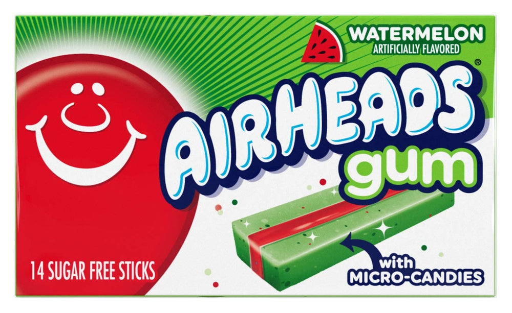 Airheads watermelon gum front packaging showing 14-stick box and brand appeal