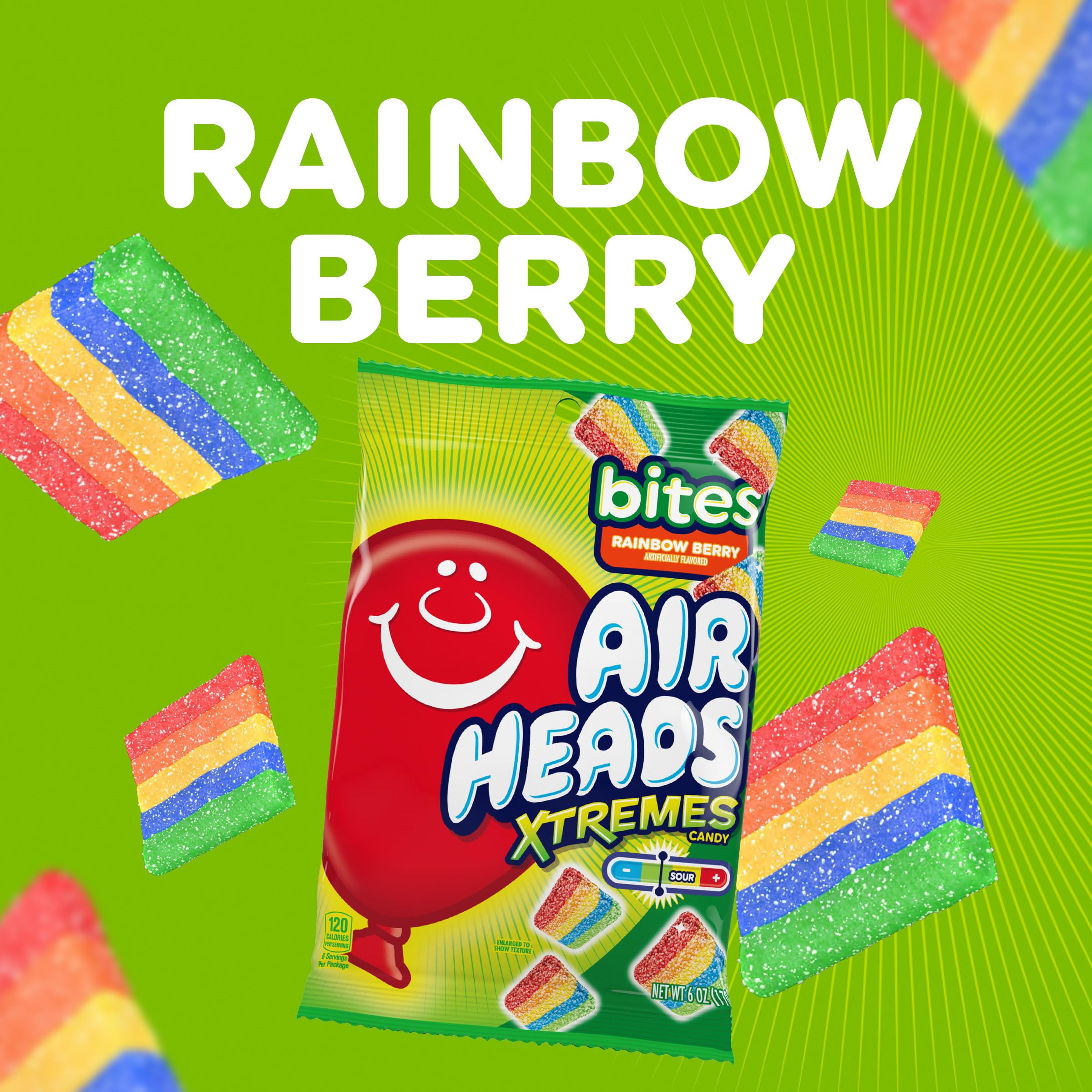 Airheads open bag with Rainbow Berry bites spilling out, handy for sharing
