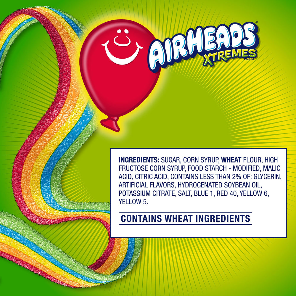 Airheads belt next to hand demonstrating scale and portable snack size