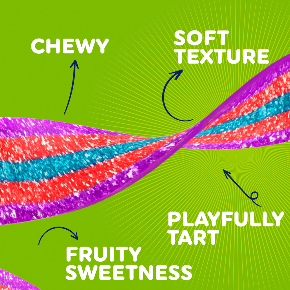 Airheads unwrapped belt on hand demonstrating pliable chew benefit