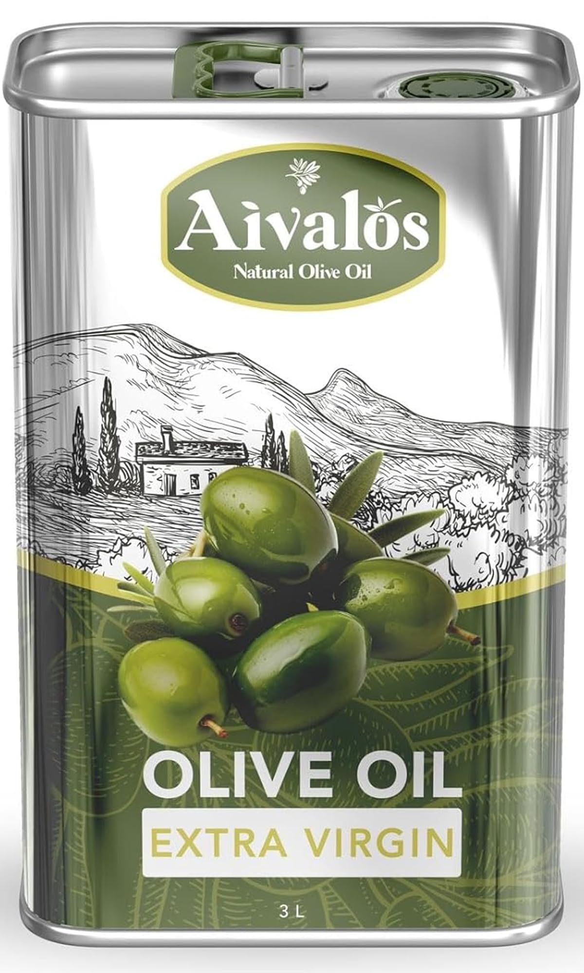 AIVALOS NATURAL OLIVE OIL bottle beside kitchen scale showing 3L size for households