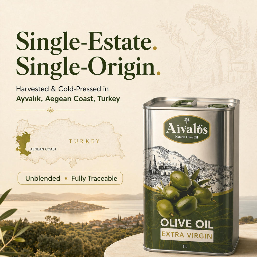 AIVALOS NATURAL OLIVE OIL dark glass bottle close-up preserving freshness and flavor