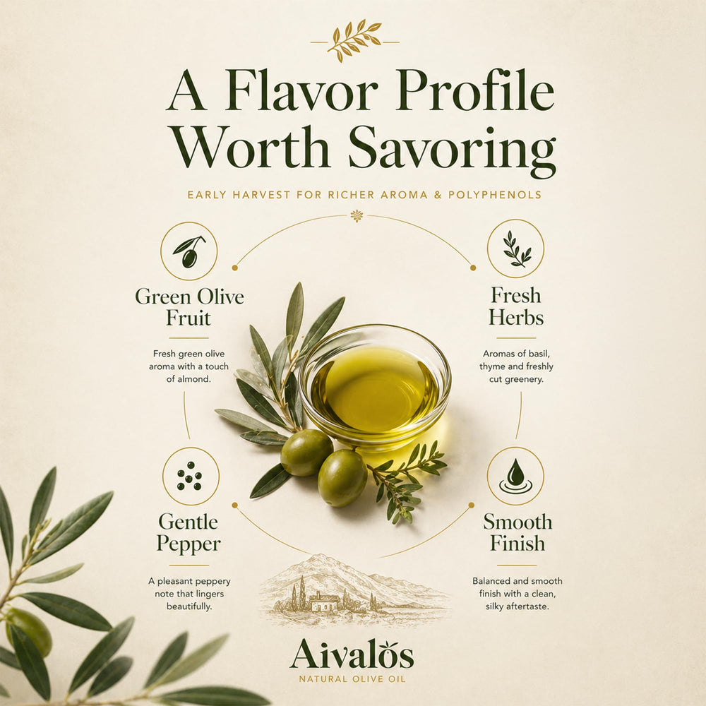 AIVALOS NATURAL OLIVE OIL fresh early-harvest olives conveying robust green aromas