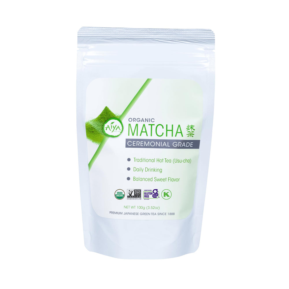 AIYA ceremonial matcha front packaging showing brand and organic seal, clear freshness benefit