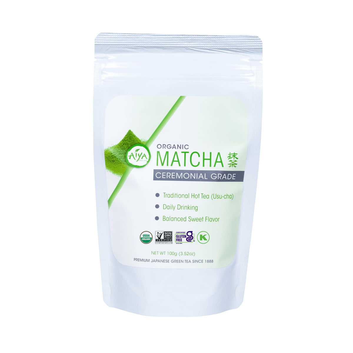 AIYA ceremonial matcha front packaging showing brand and organic seal, clear freshness benefit