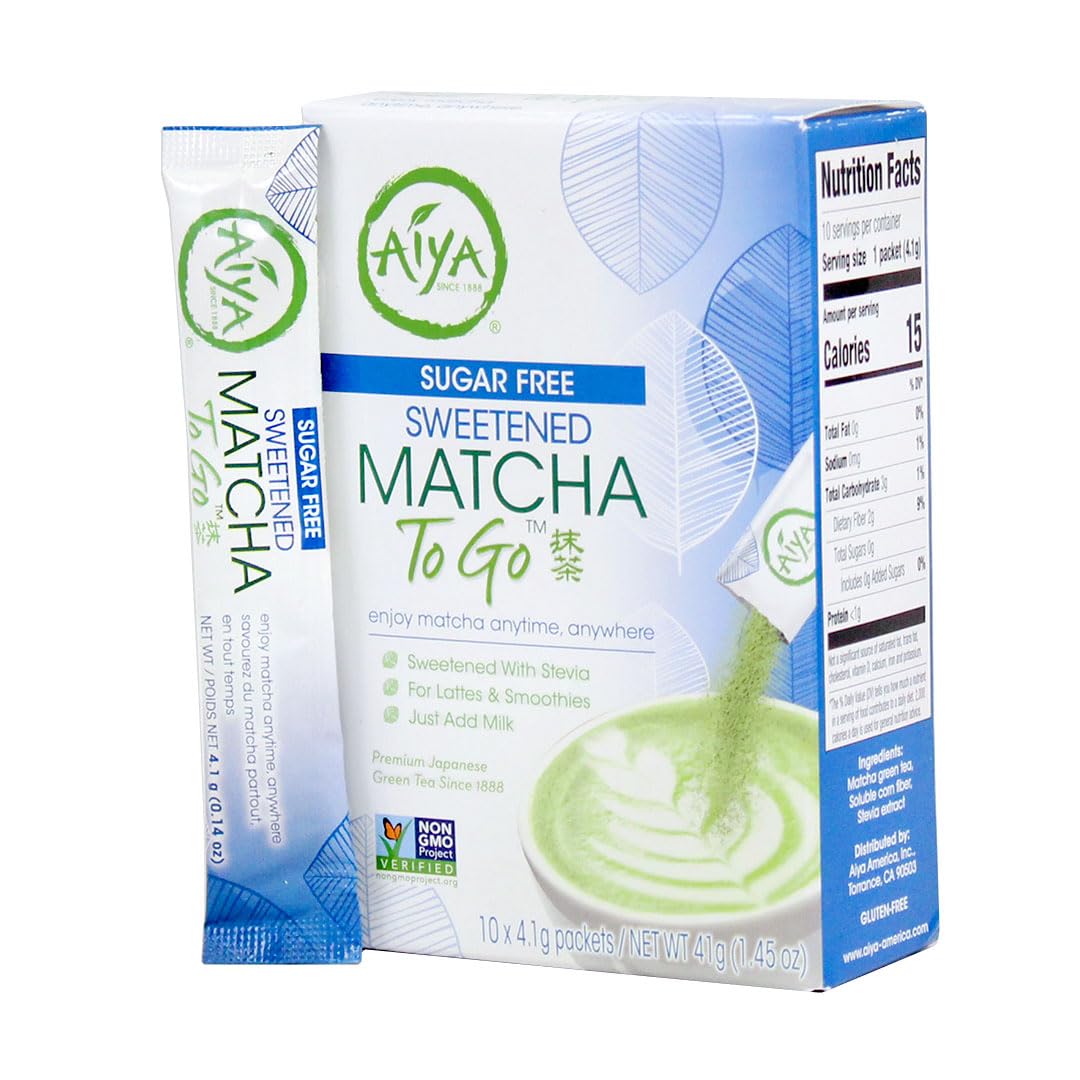 AIYA SINCE 1888 front packaging showing ten matcha single-serve sticks and benefits