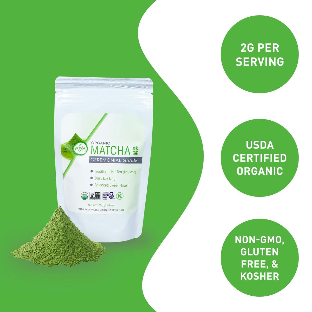 AIYA matcha fine powder close-up revealing smooth texture for even whisking benefit