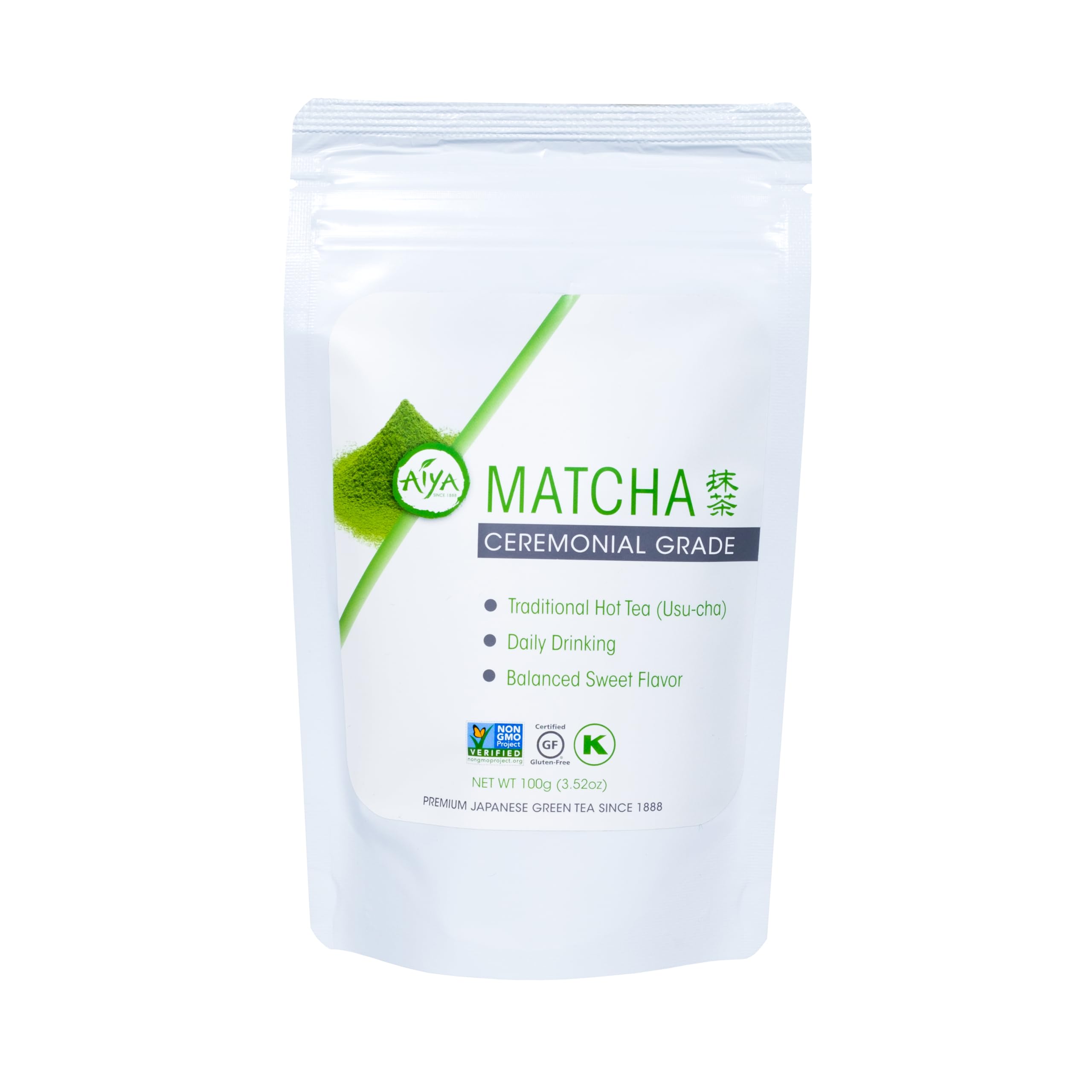 AIYA matcha front packaging showing 100g bag and branding, clear shelf appeal
