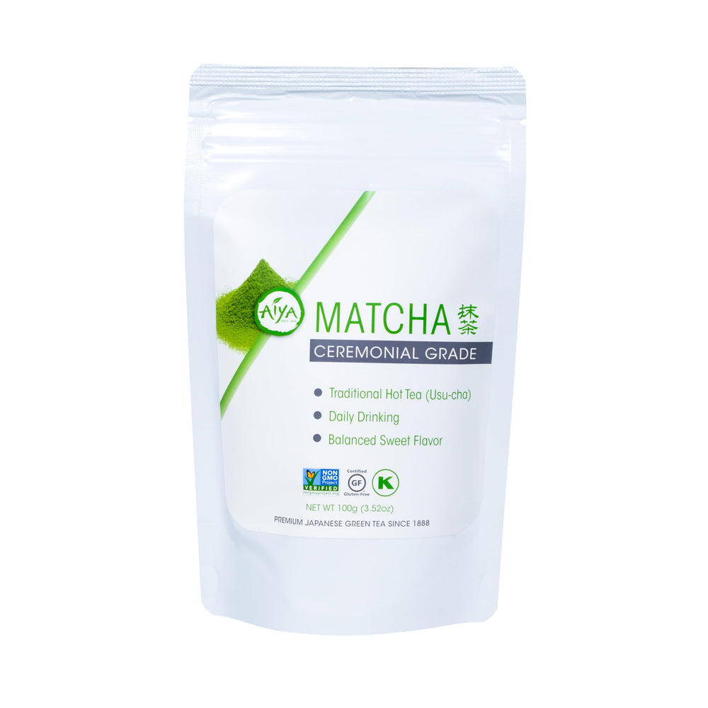 AIYA matcha front packaging showing 100g bag and branding, clear shelf appeal