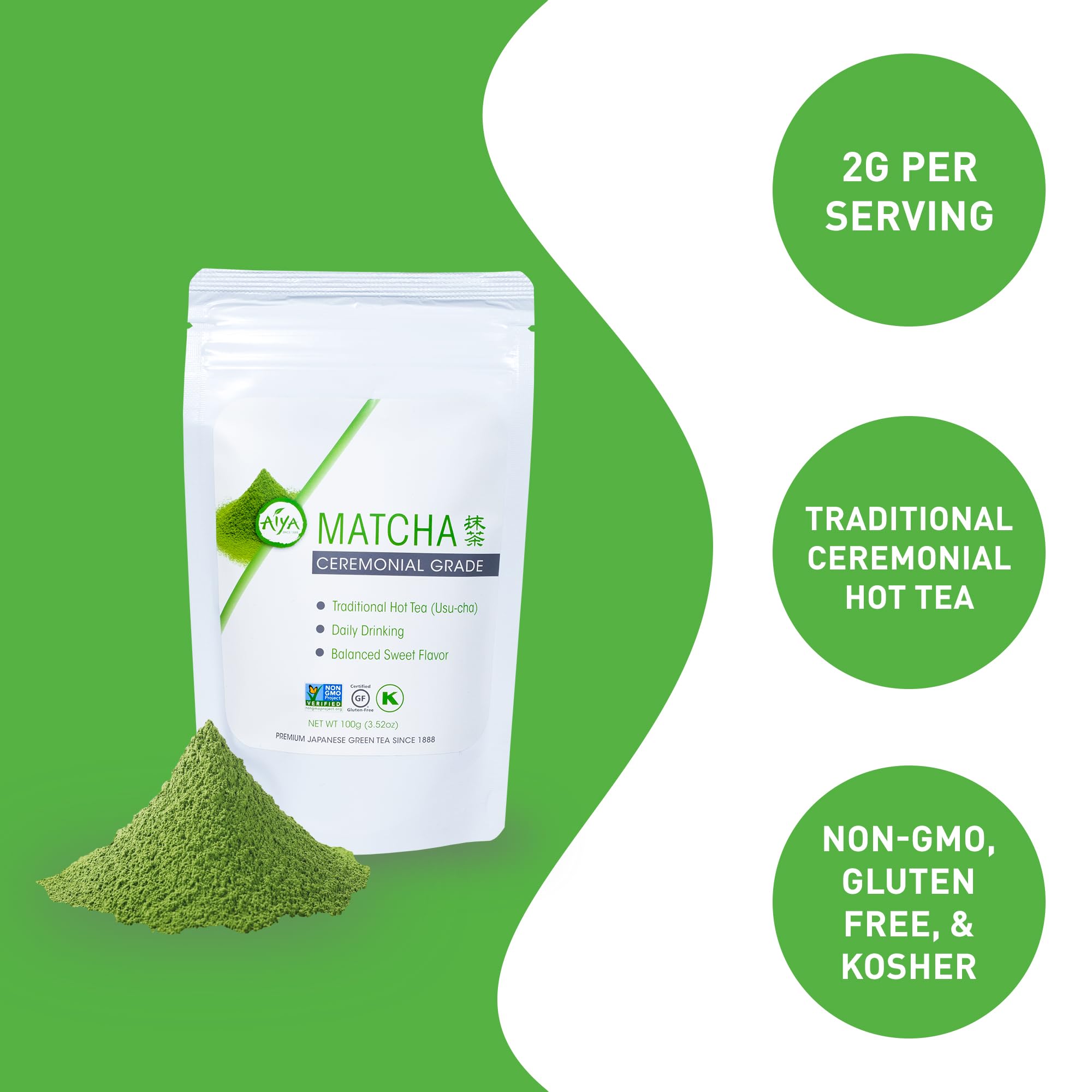 AIYA matcha powder close-up showing fine texture and vivid green color for smooth whisking
