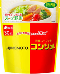 Ajinomoto Consommé front packaging showing 30 pieces and clear labeling for easy pantry use