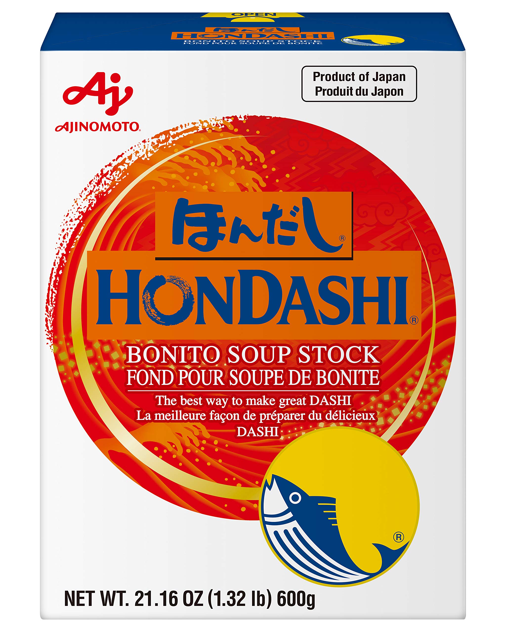 Ajinomoto Hondashi front jar showing label and portion size, convenient pantry seasoning