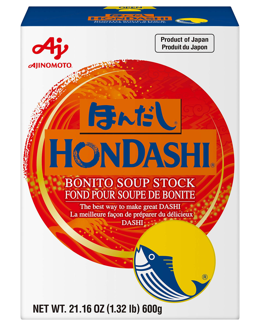 Ajinomoto Hondashi front jar showing label and portion size, convenient pantry seasoning