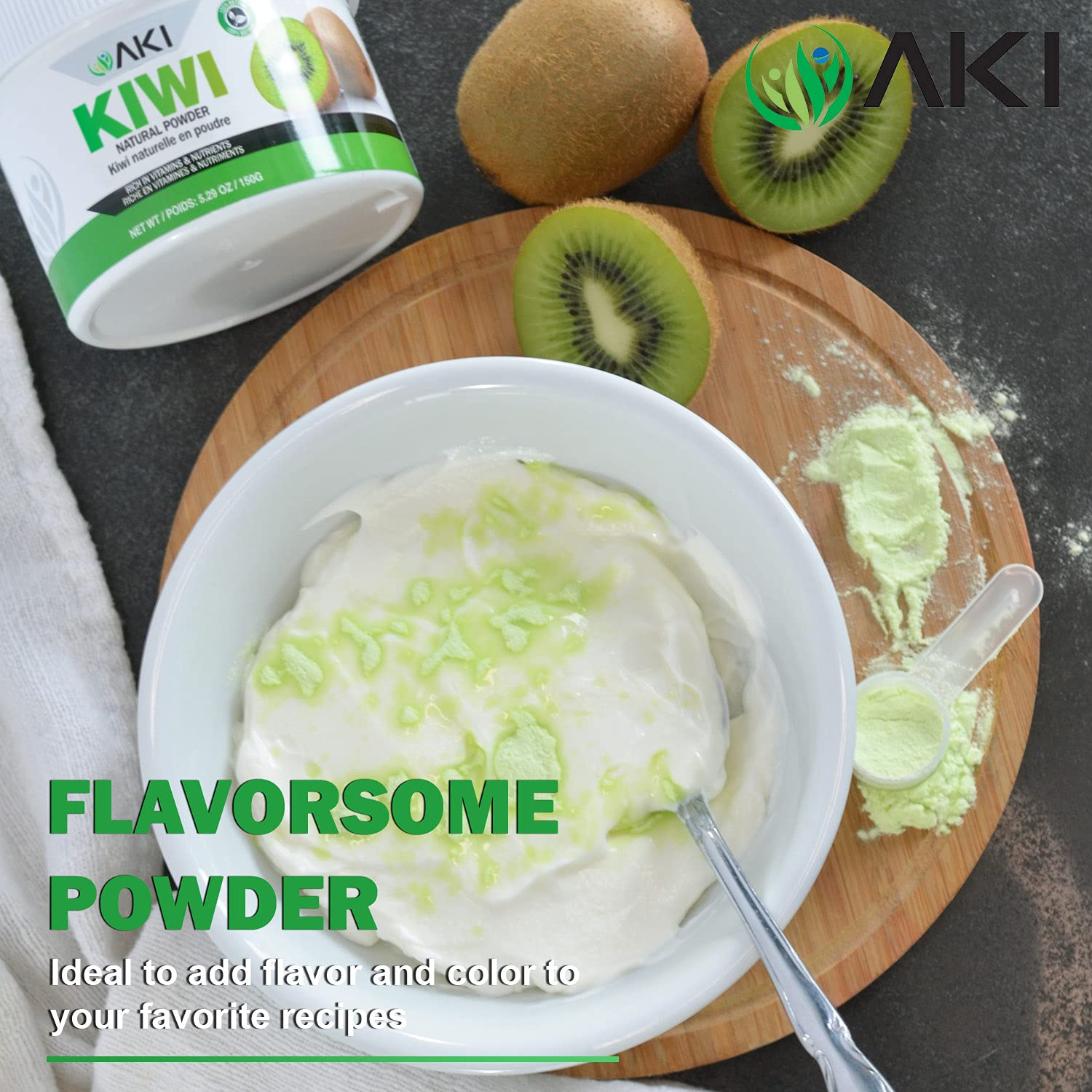 AKI ORGANIC powder sprinkled on a smoothie bowl enhancing color and taste