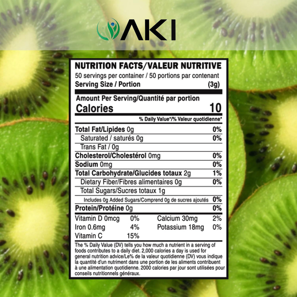 AKI ORGANIC kiwi powder spooned from a jar highlighting easy use