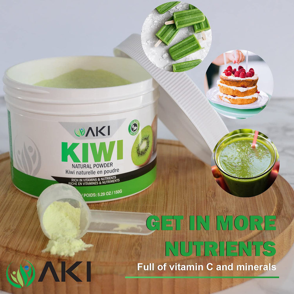 AKI ORGANIC powder next to fresh kiwi illustrating natural source and flavor