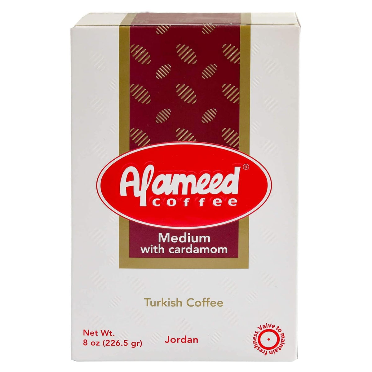 Al Ameed pack front showing branding and medium roast cardamom blend for clear selection benefit
