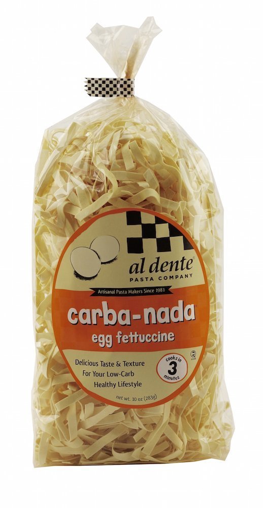 AL DENTE front packaging showing roasted-garlic egg fettuccine and low-carb benefit