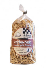 Al Dente roasted garlic fettuccine front pack showing label and benefits