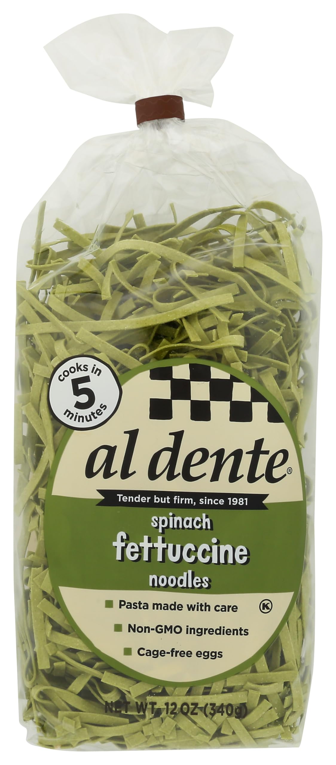AL DENTE spinach fettuccine front package highlighting vibrant color and quick-cook convenience