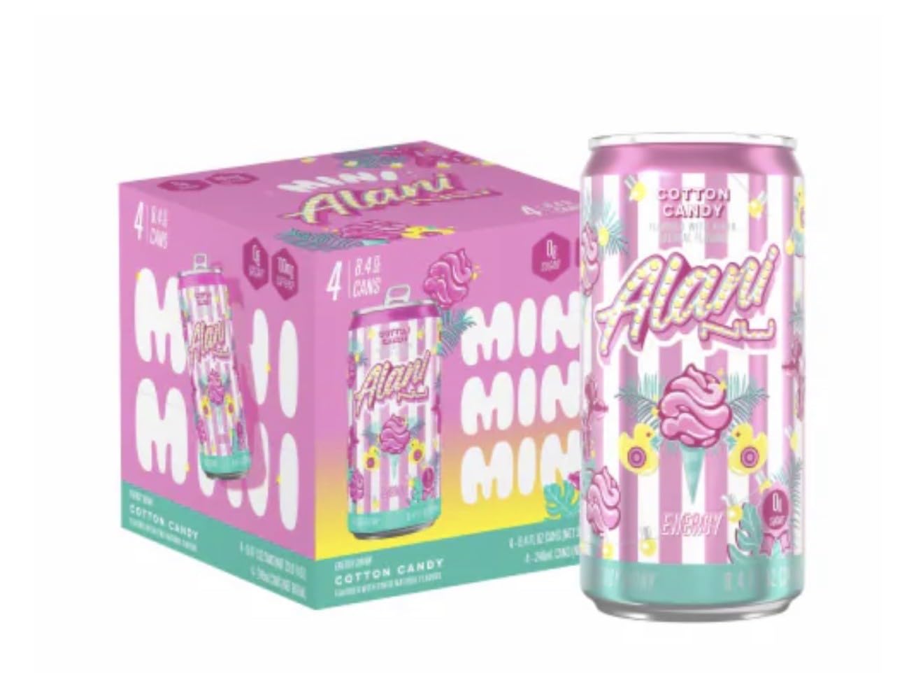 Alani Cotton Candy front packaging showing four pink mini cans and bold graphics