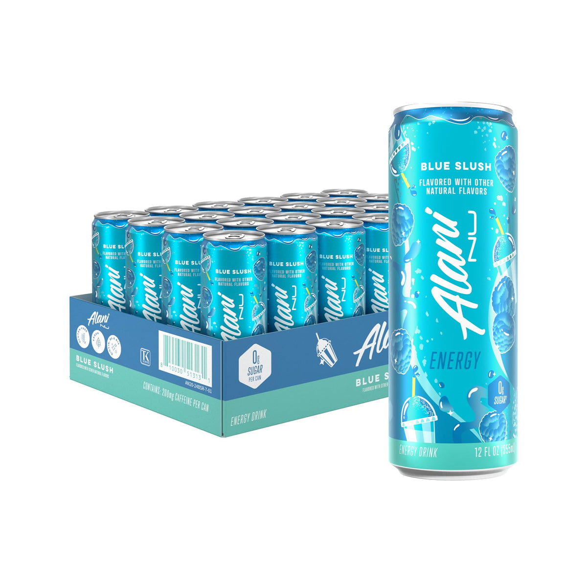 Alani Nu blue slush front can showing bold branding and flavor appeal