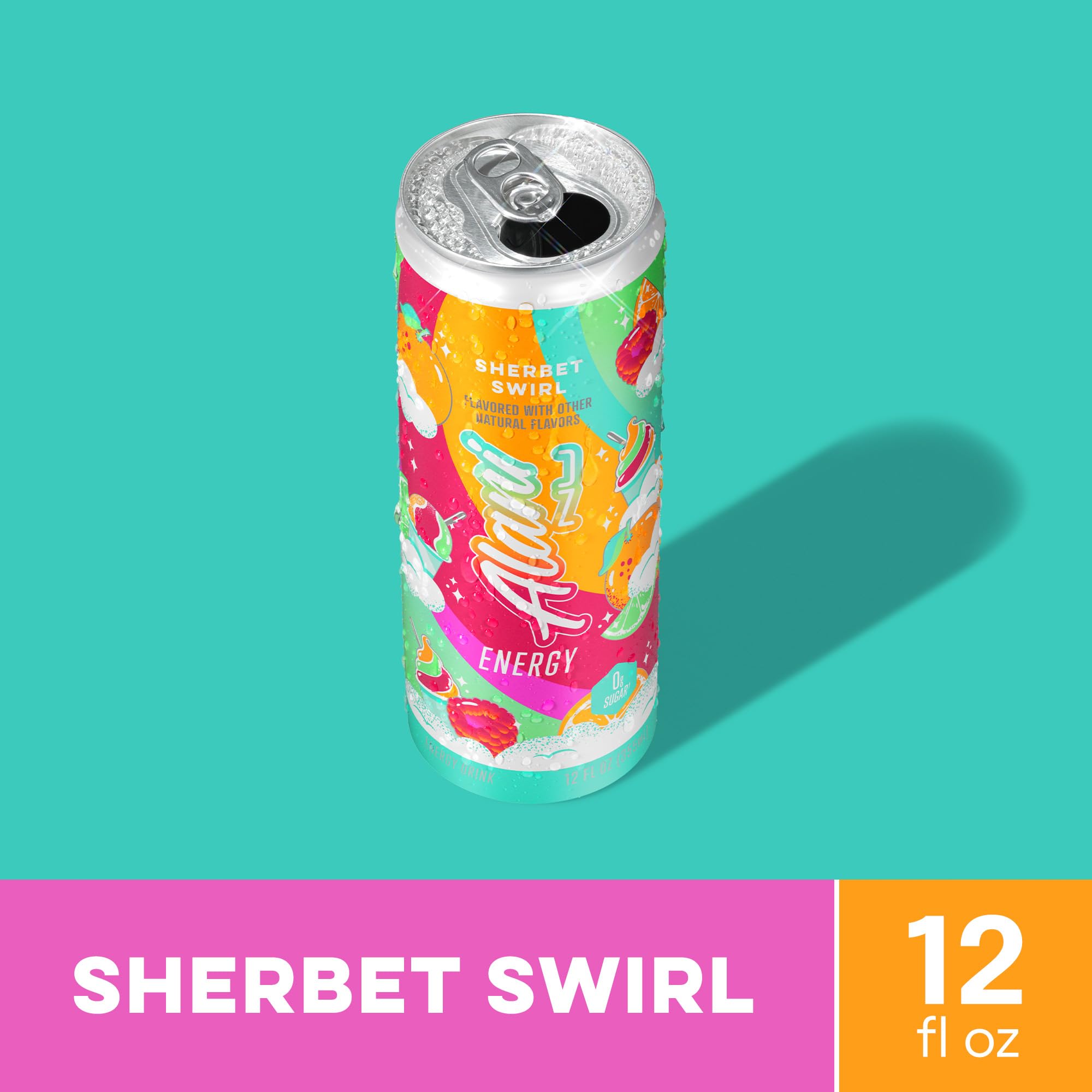 Alani Nu single can angled to highlight Sherbet Swirl label and grab-and-go energy benefit
