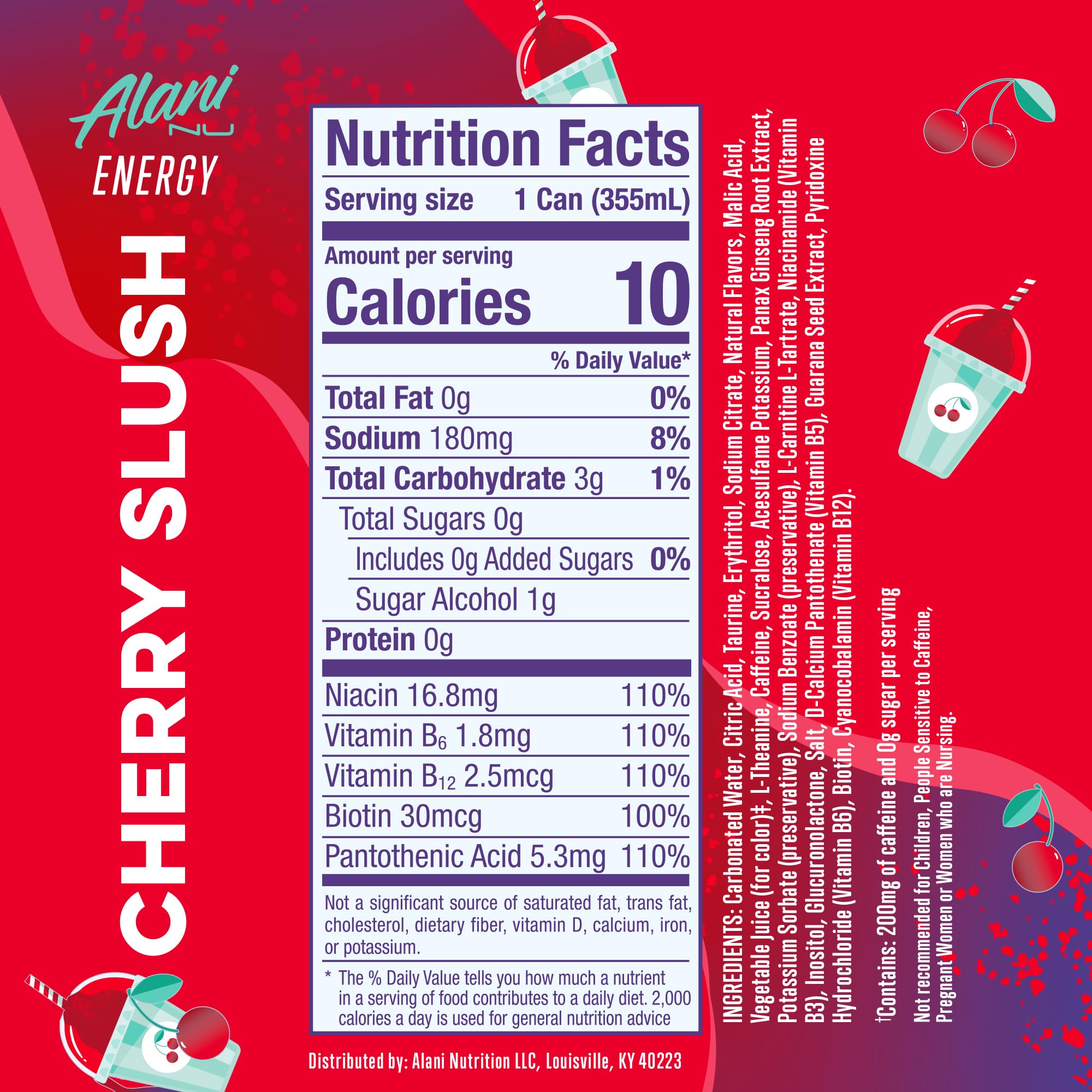 Alani Nu cherry slush angled can close-up of label and ingredients, highlights clean formulation