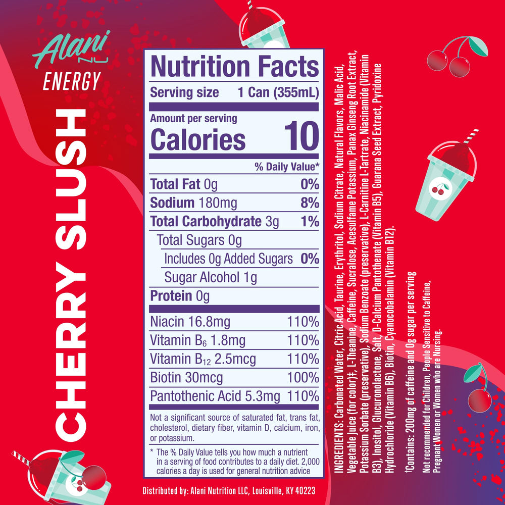 Alani Nu cherry slush angled can close-up of label and ingredients, highlights clean formulation