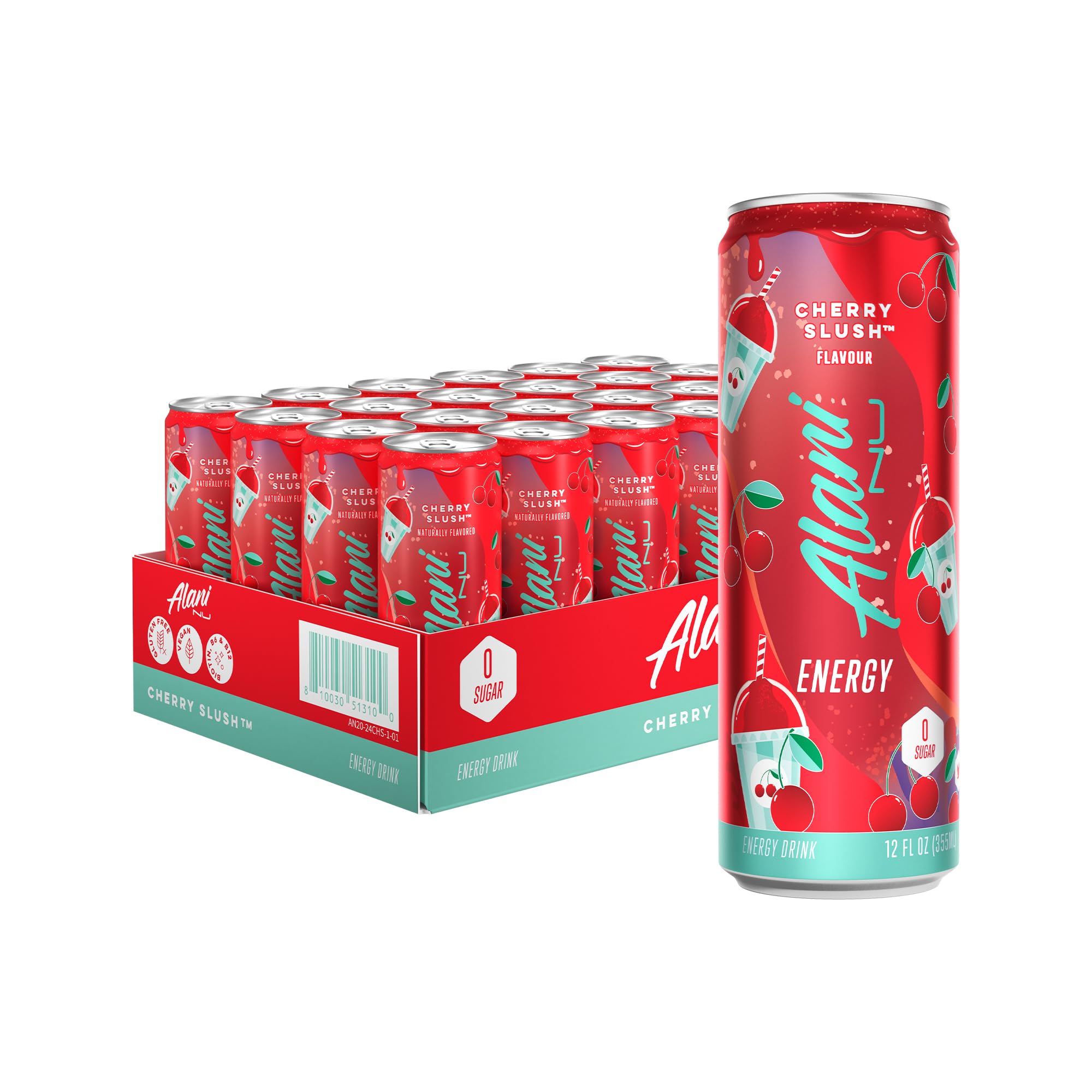 Alani Nu cherry slush front can showing vibrant label and stylish design, energizes your routine