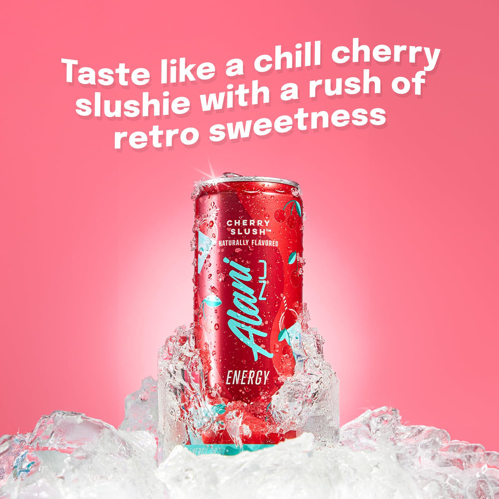 Alani Nu cherry slush can opened with pour into glass, shows refreshing look and instant boost