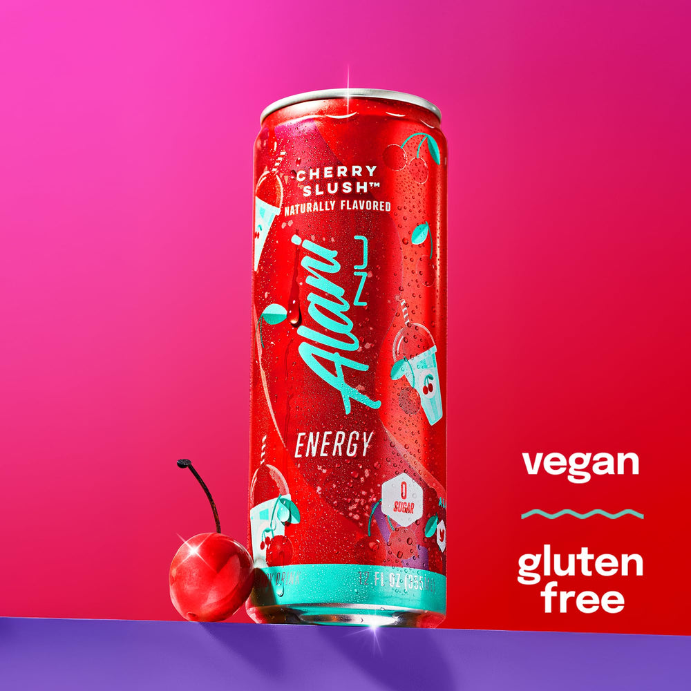 Alani Nu cherry slush can next to a smartphone for scale, illustrates portable energy convenience