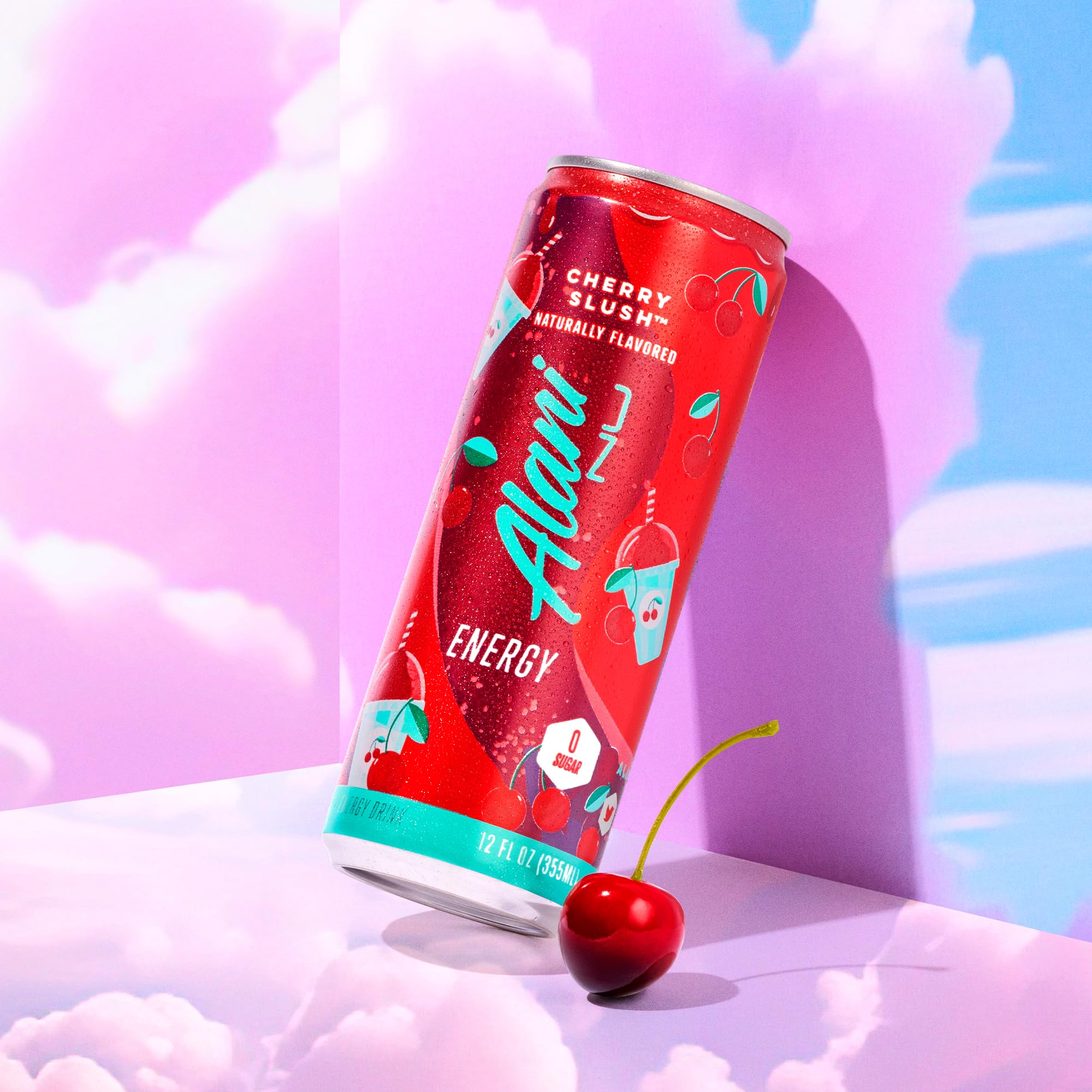 Alani Nu cherry slush ingredient arrangement with ginseng and B vitamins, showcases nutrient highlights