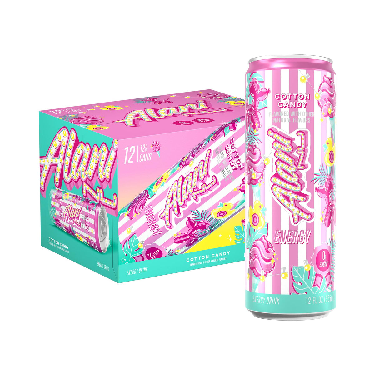 Alani Nu front can shot showing cotton candy flavor and zero sugar benefit