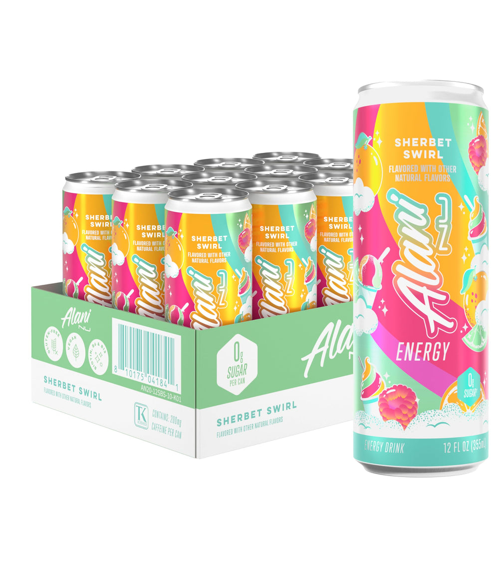 Alani Nu front packaging of 12-pack showing sherbet swirls and branding benefit of convenient stash