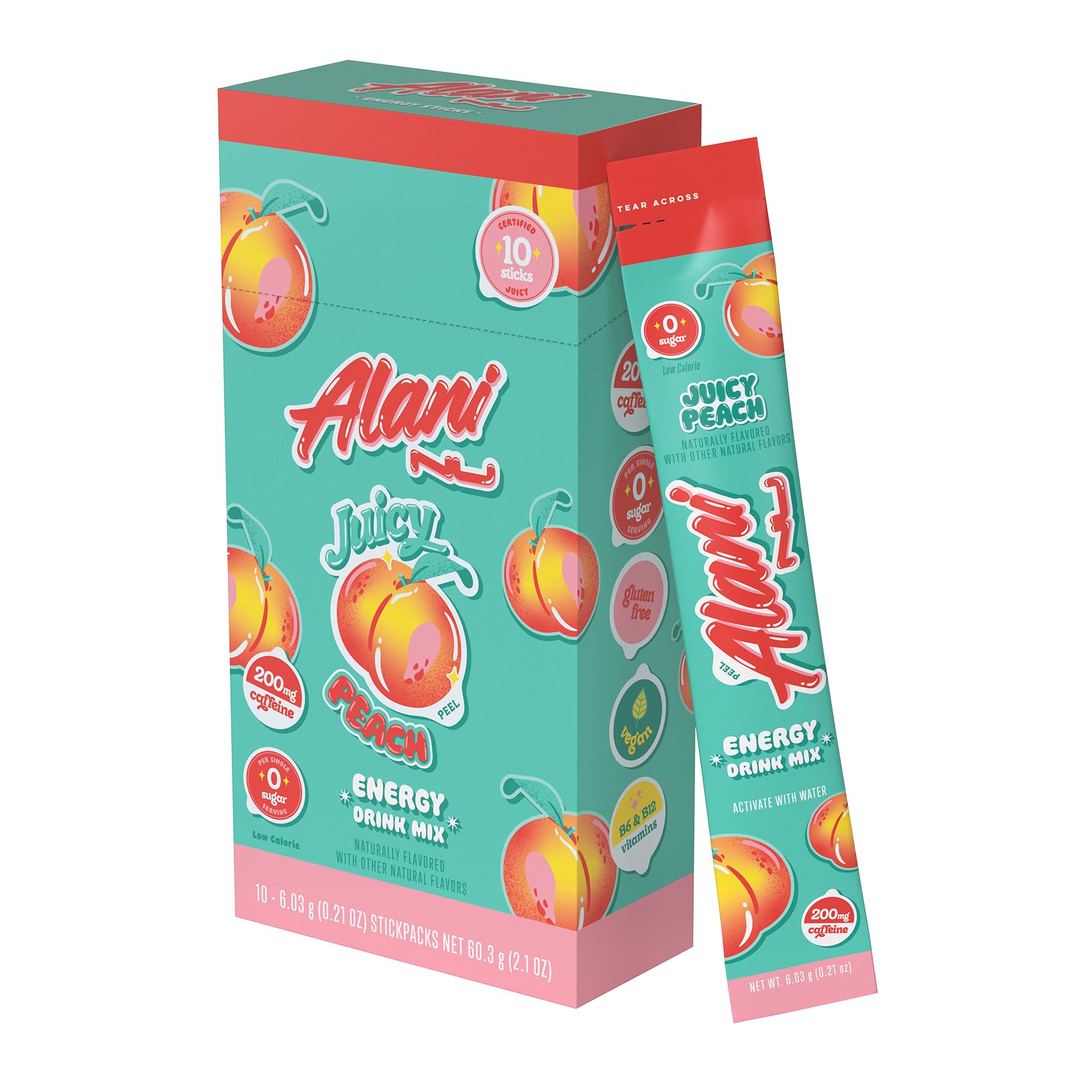 Alani Nu packet front view showing Juicy Peach flavor and portable energy
