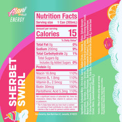 Alani Nu close-up of Sherbet Swirl can artwork emphasizing fruity flavor benefit