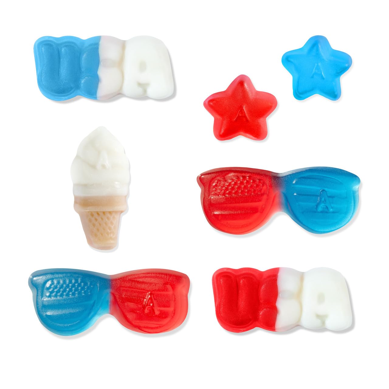 Albanese bowl of red white blue gummies staged for party display and easy serving
