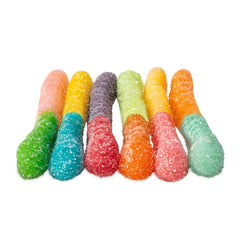 Albanese close-up of sour sugar coating on mini worms for bold tangy texture benefit